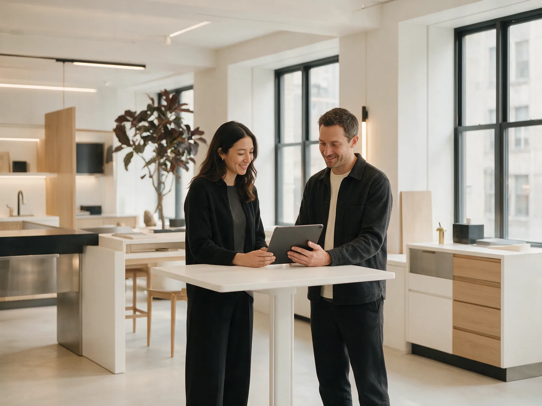 Two people agreeing on the work over a tablet