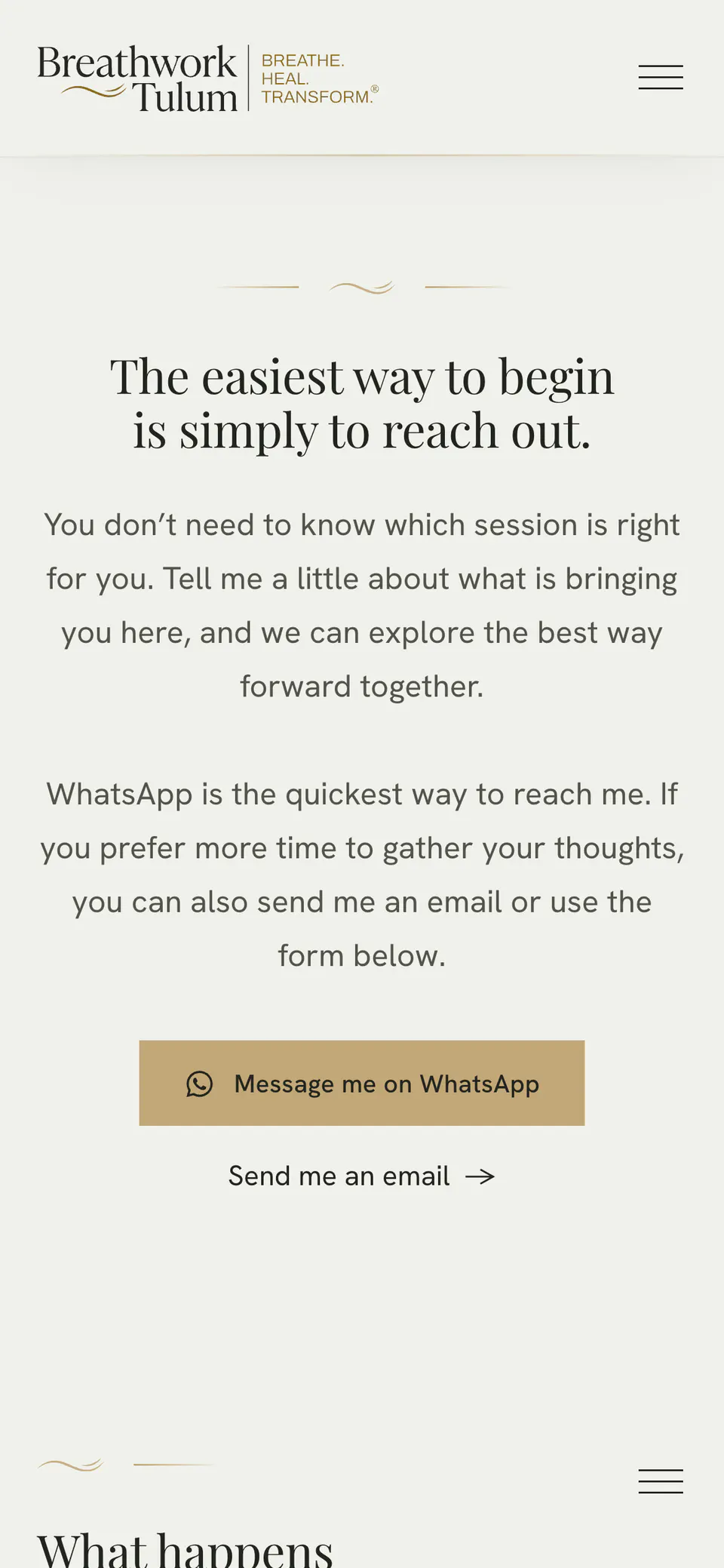 Breathwork Tulum, the contact page on a phone