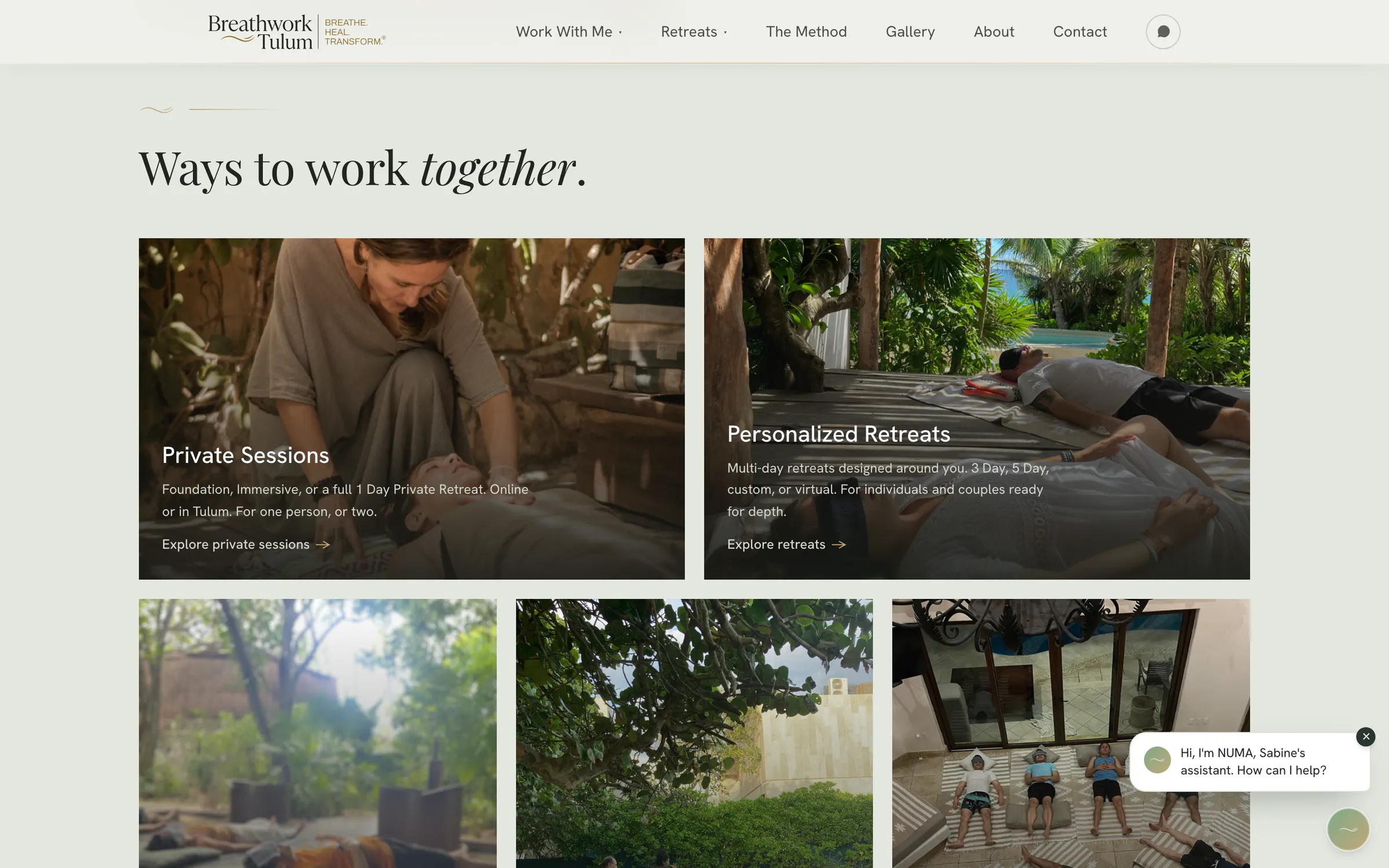 Breathwork Tulum, a screen of the live home page
