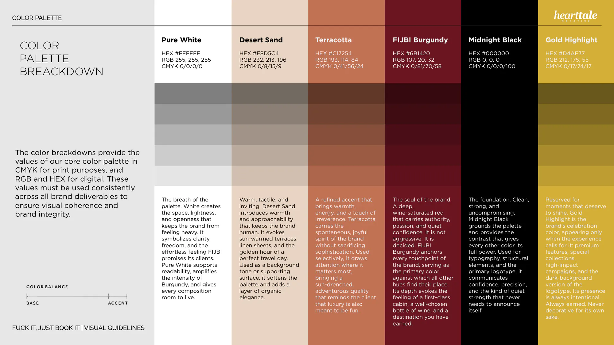 The color palette, with print and screen values