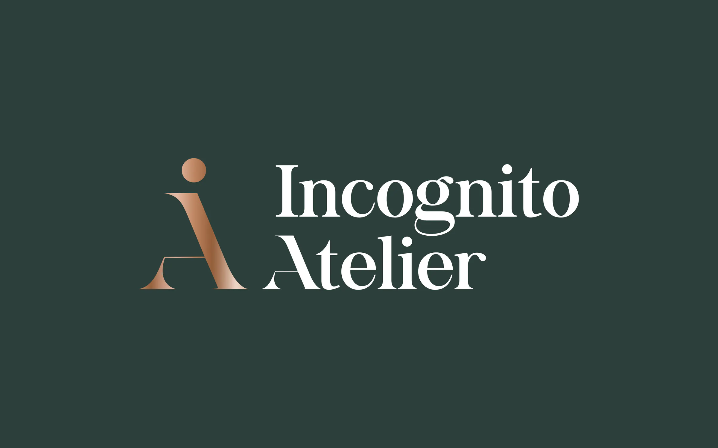 The Incognito Atelier logotype, in copper and white on forest green
