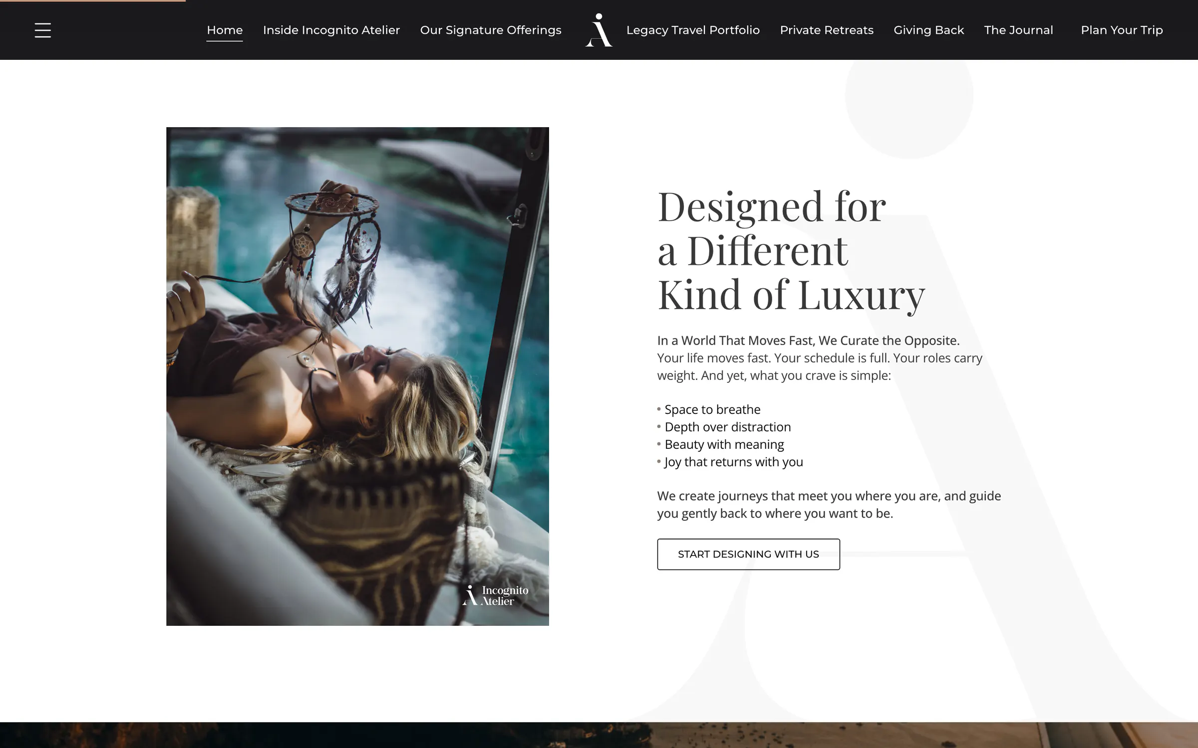 Incognito Atelier, a screen of the live home page