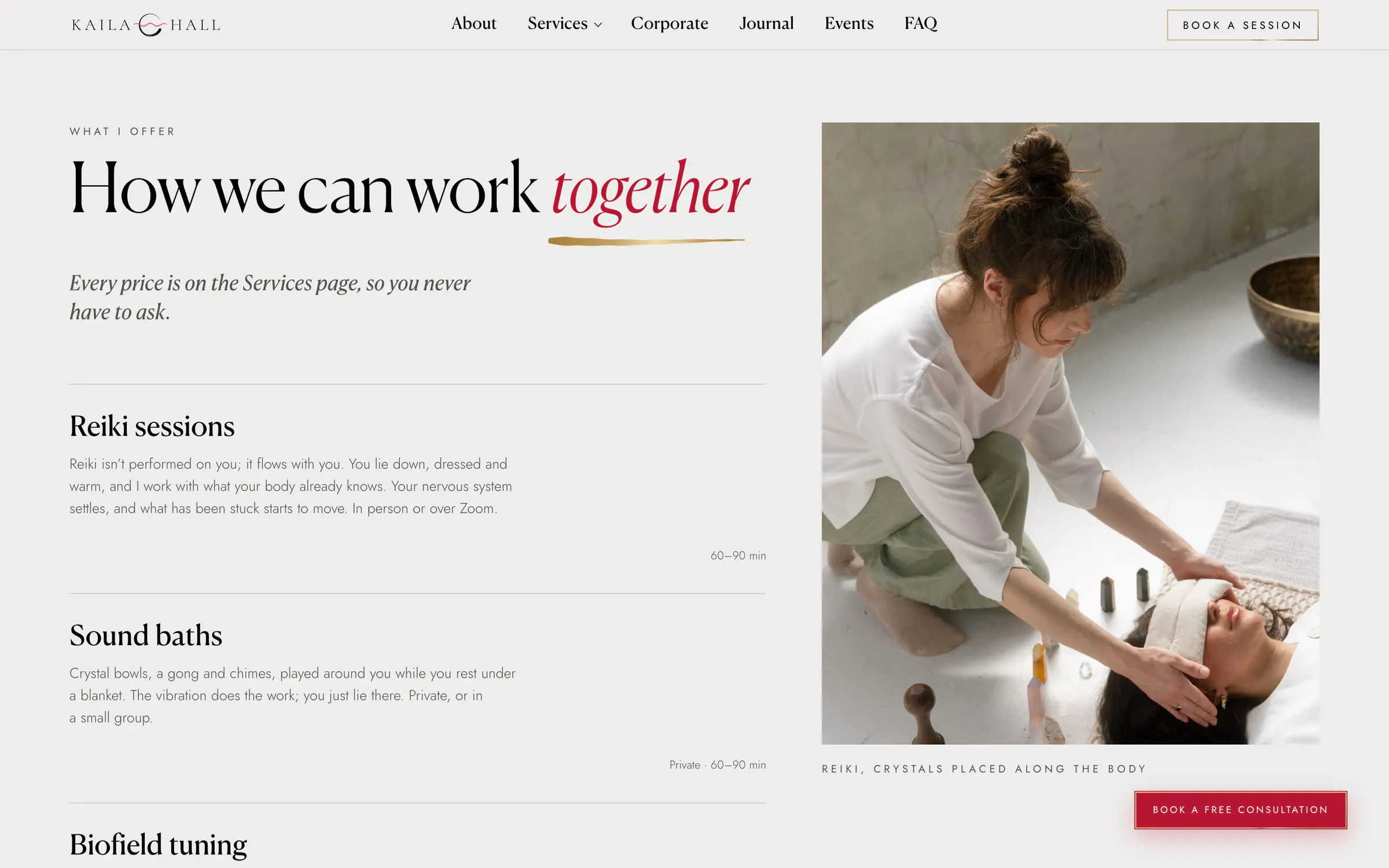 Kaila Hall, a screen of the live home page