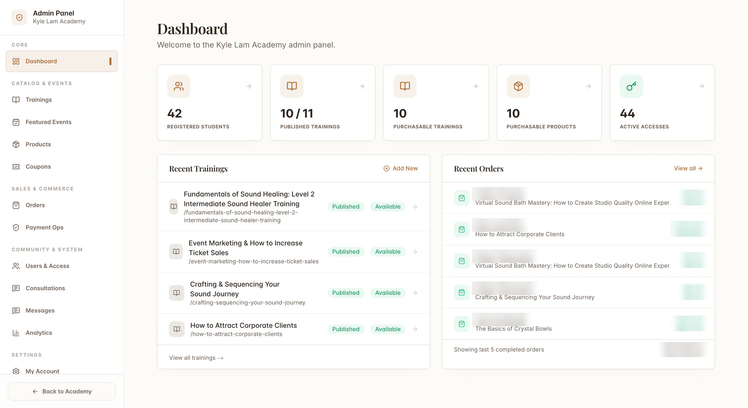 The academy dashboard, with students’ names and order totals hidden here
