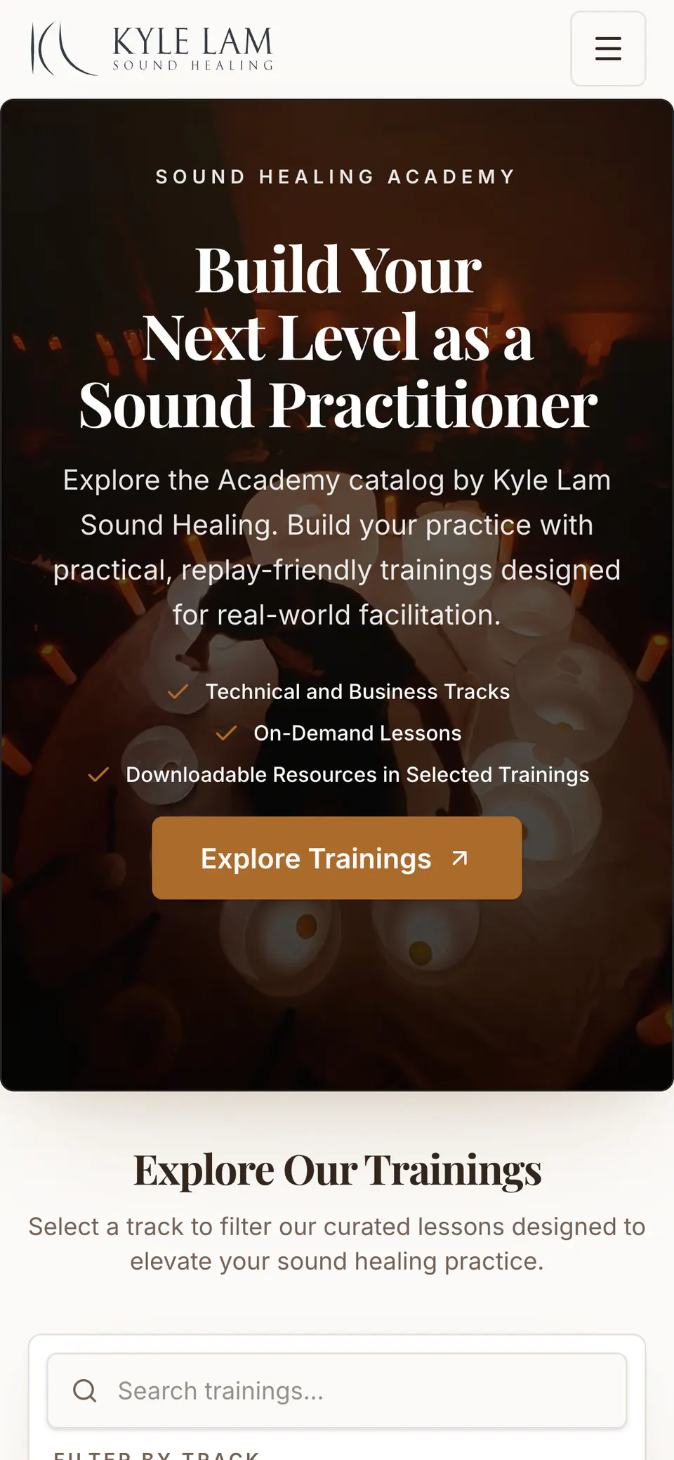 Kyle Lam Sound Healing Academy, the home page on a phone