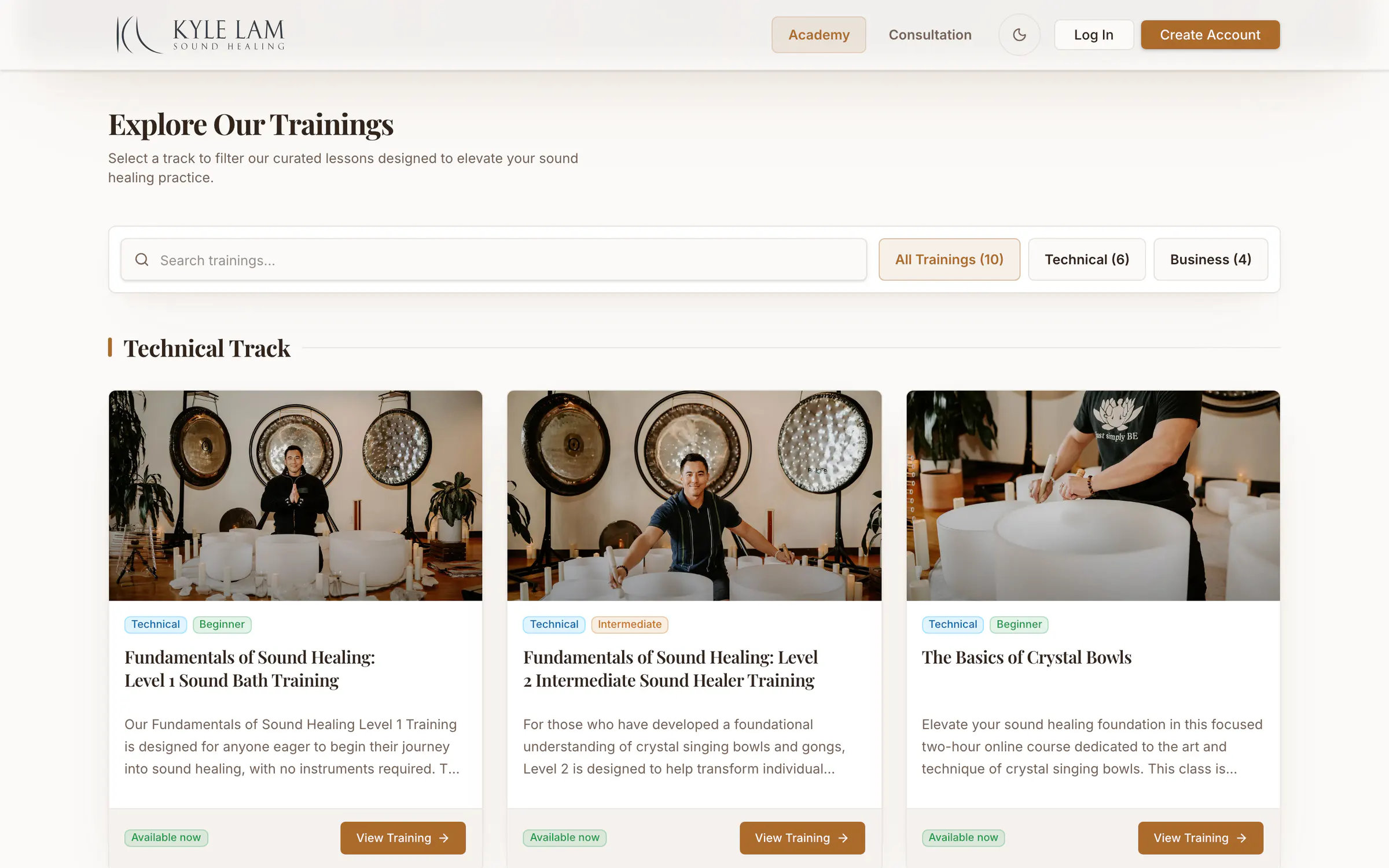 Kyle Lam Academy, a screen of the live home page