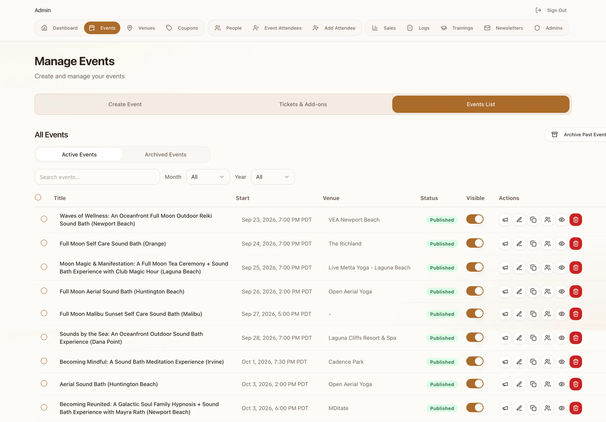 The events admin: every upcoming event with its date, venue, status and visibility