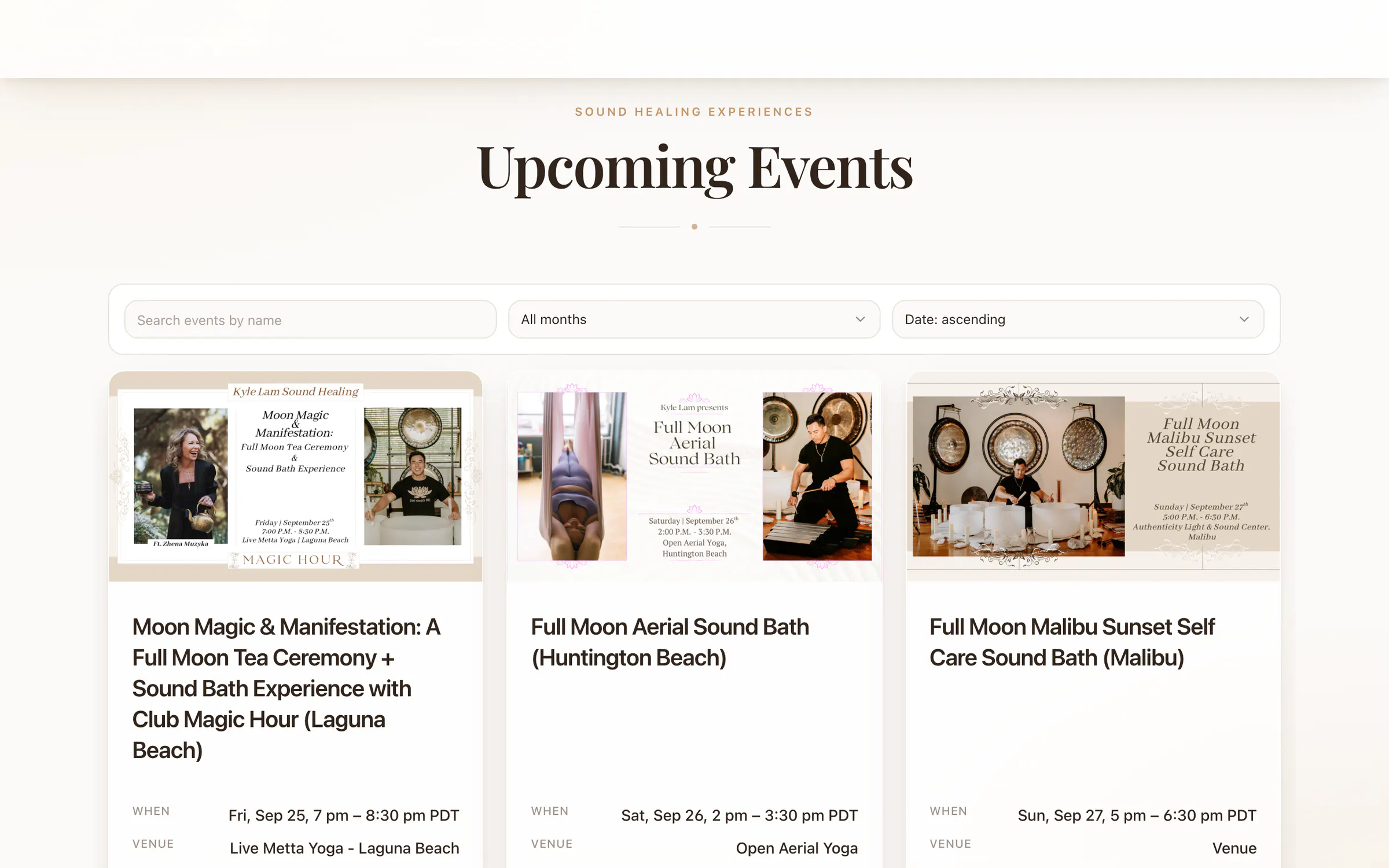 Kyle Lam Events, a screen of the live home page