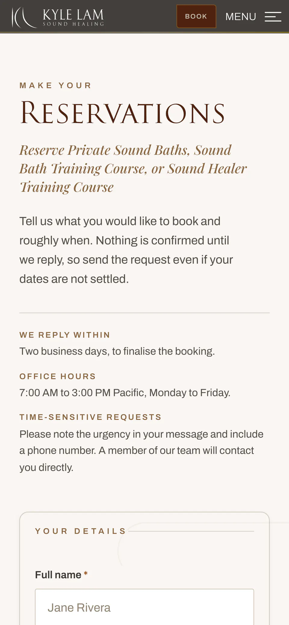 Kyle Lam Sound Healing, the reservation form on a phone