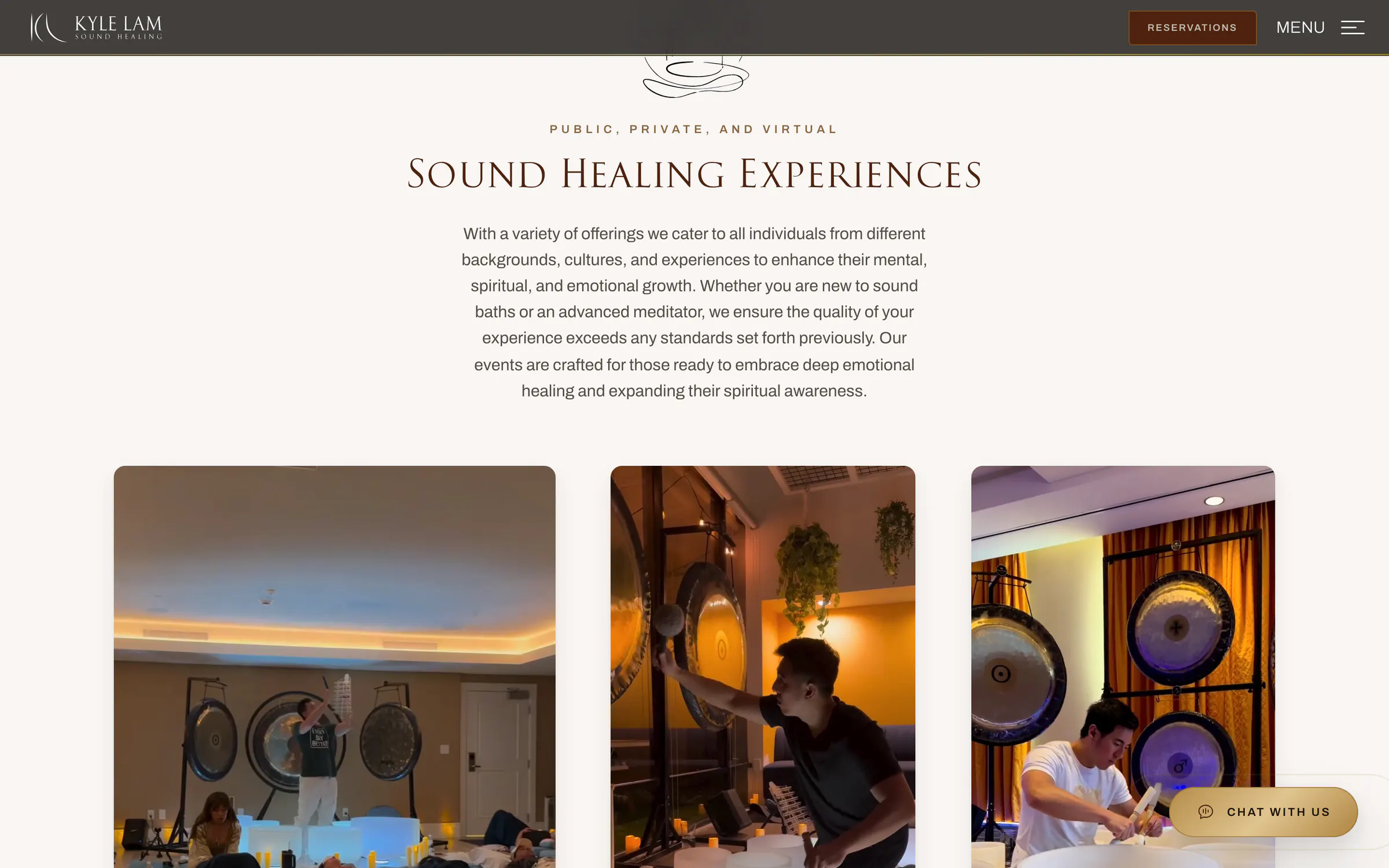Kyle Lam Sound Healing, a screen of the live home page