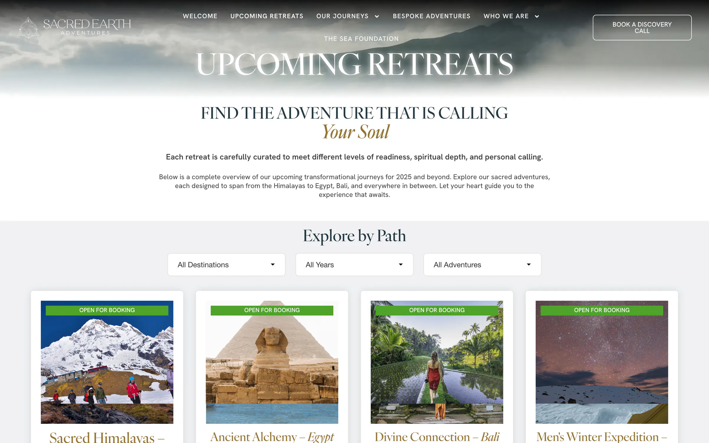 Sacred Earth Adventures, the upcoming retreats with the filter by destination, year and tier