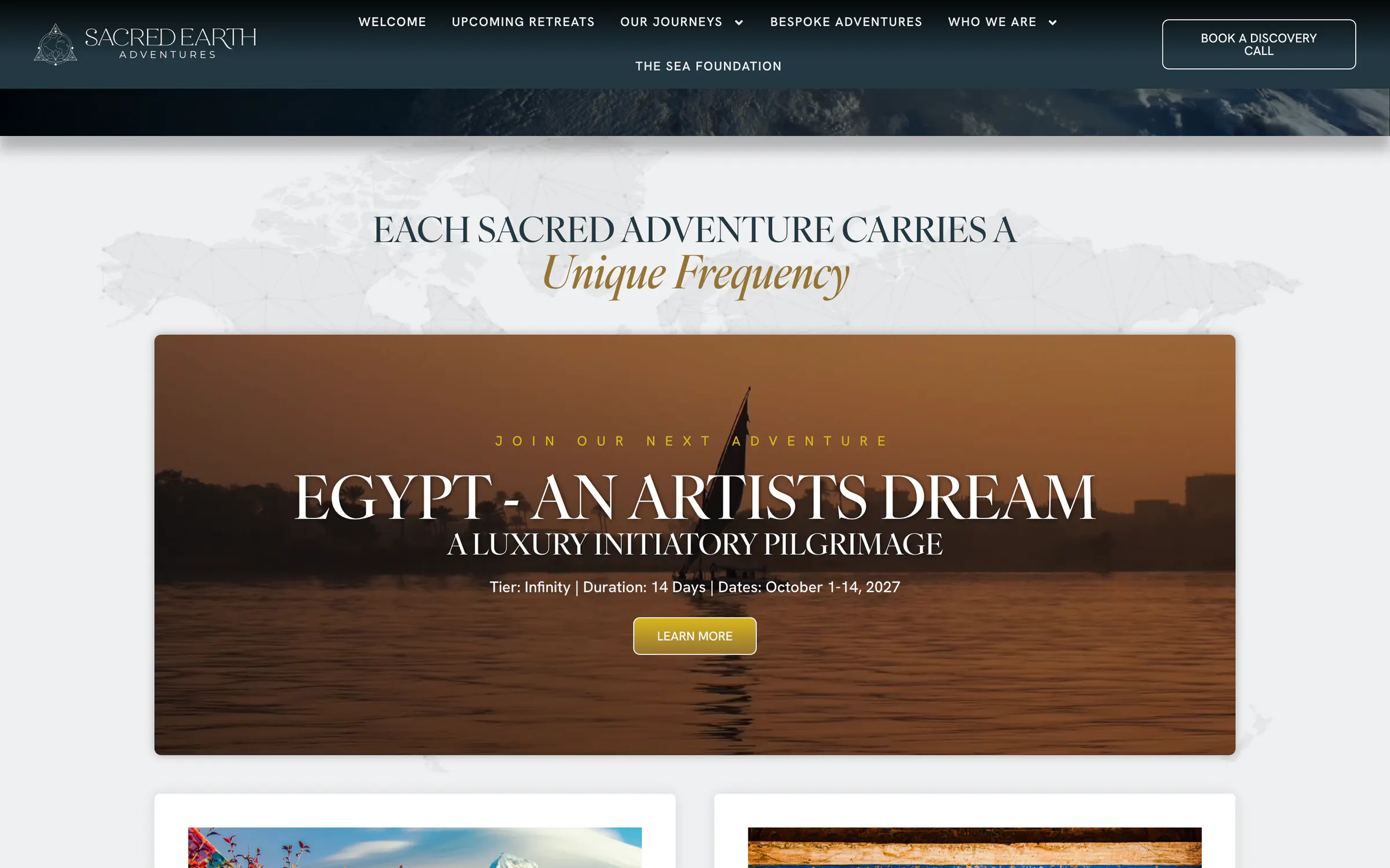 Sacred Earth Adventures, a screen of the live home page