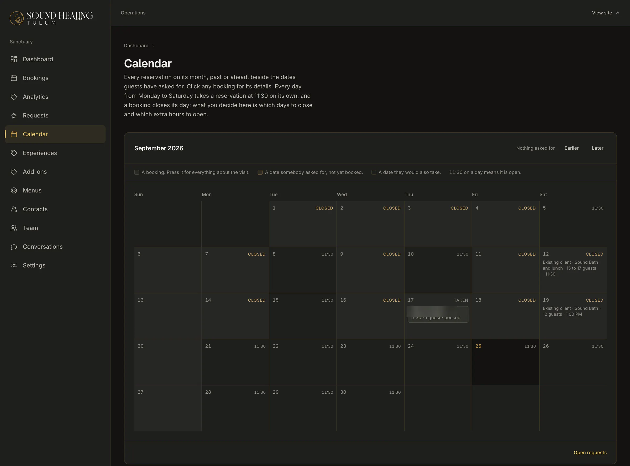 The sanctuary’s admin calendar: every booking on its month, and the days the team has closed