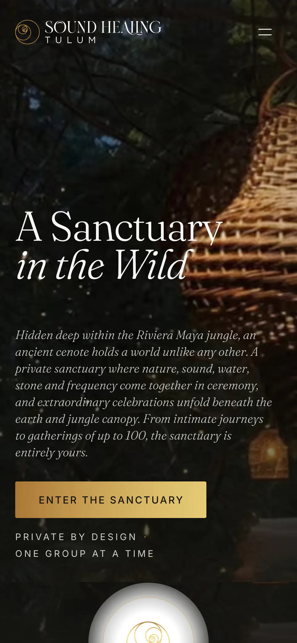 Sound Healing Tulum, the home page on a phone