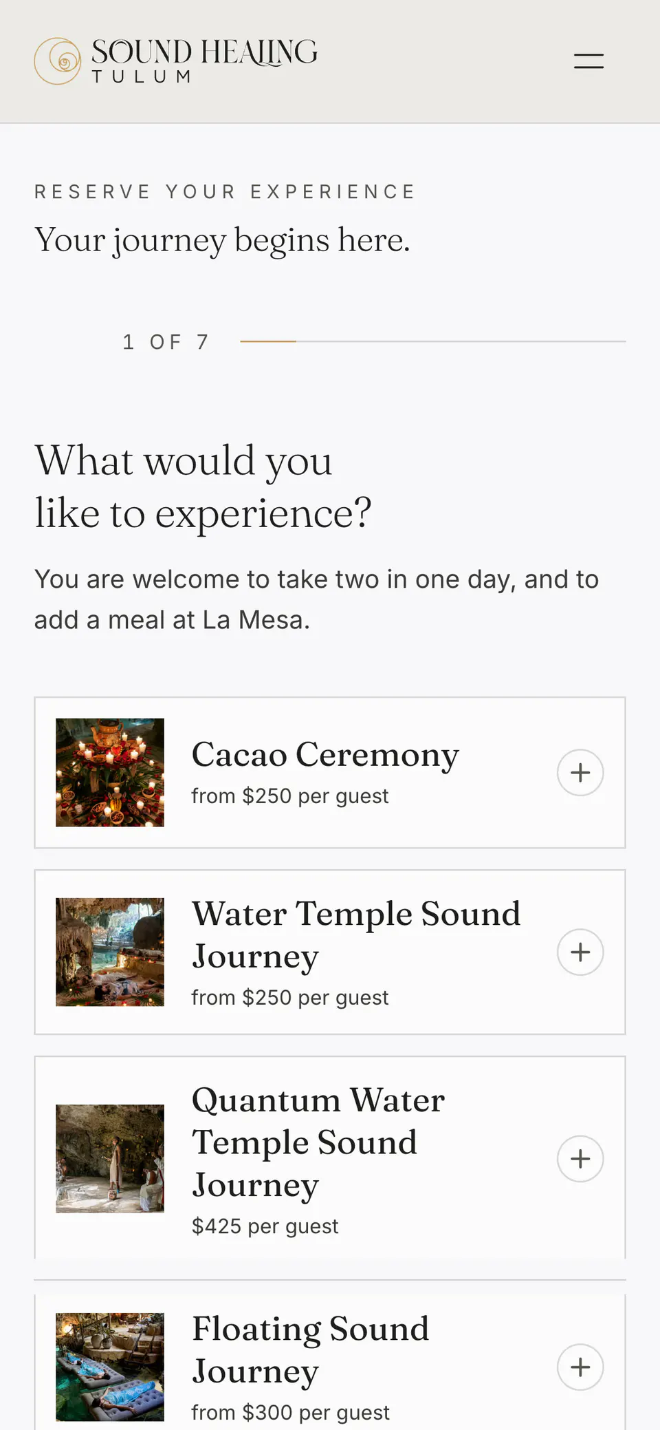 Sound Healing Tulum, the booking flow on a phone