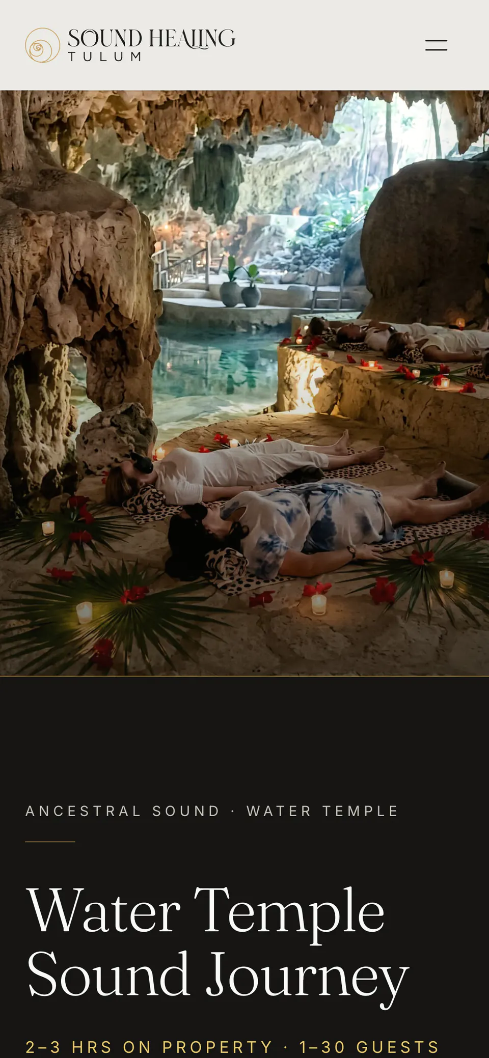Sound Healing Tulum, an experience page on a phone