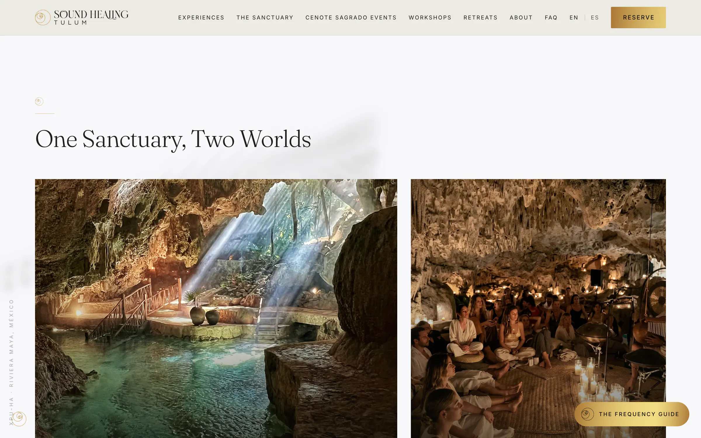 Sound Healing Tulum, a screen of the live home page