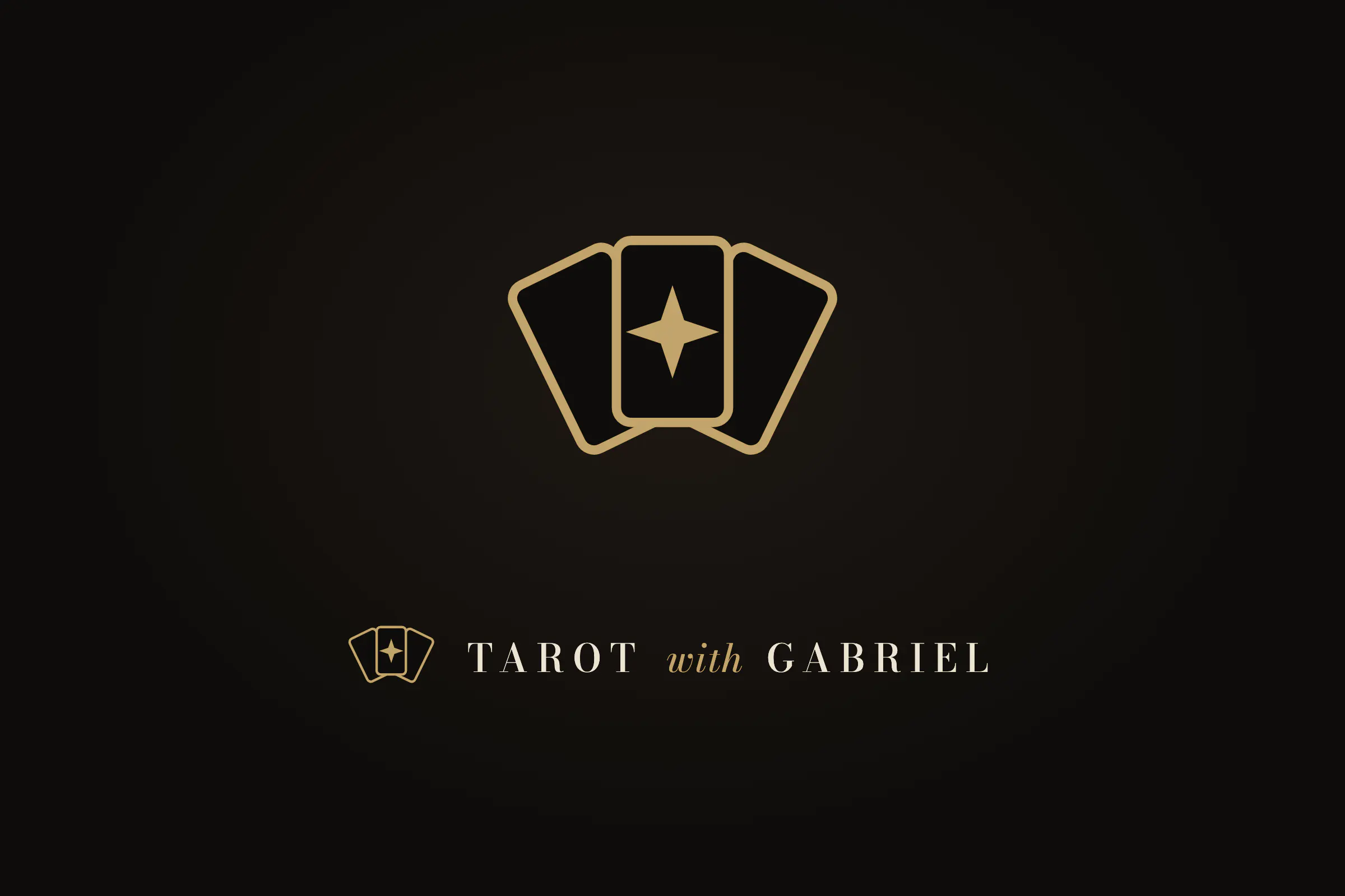 Gabriel’s mark, three cards fanned in a hand with a star on the front one, and the logotype Tarot with Gabriel