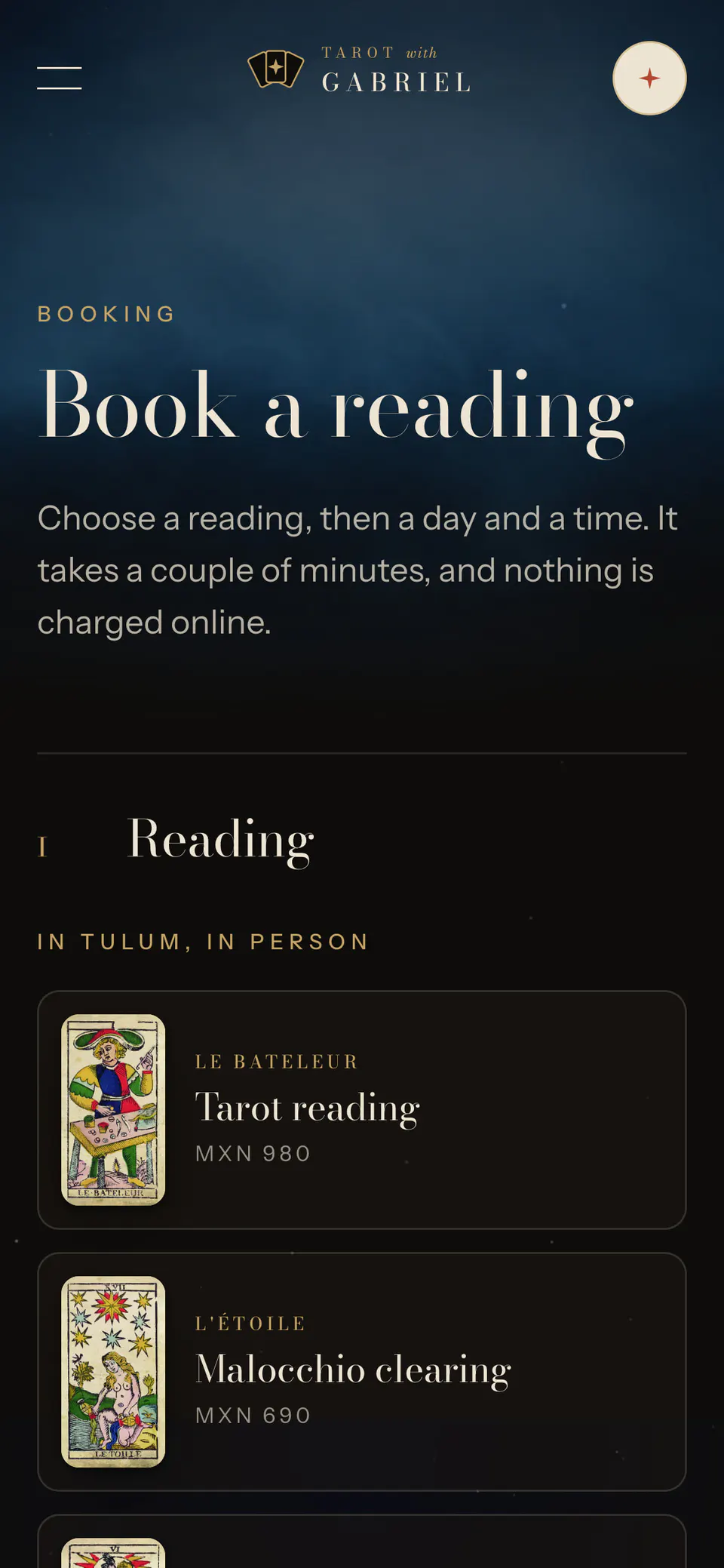 Tarot with Gabriel, the booking flow on a phone