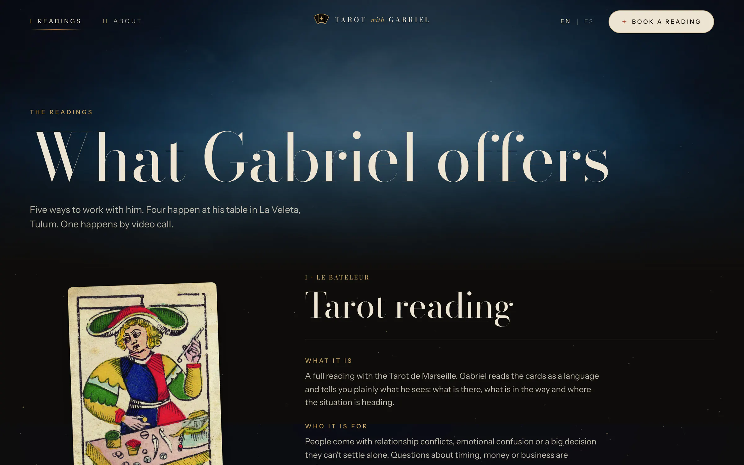 Tarot with Gabriel, the readings page