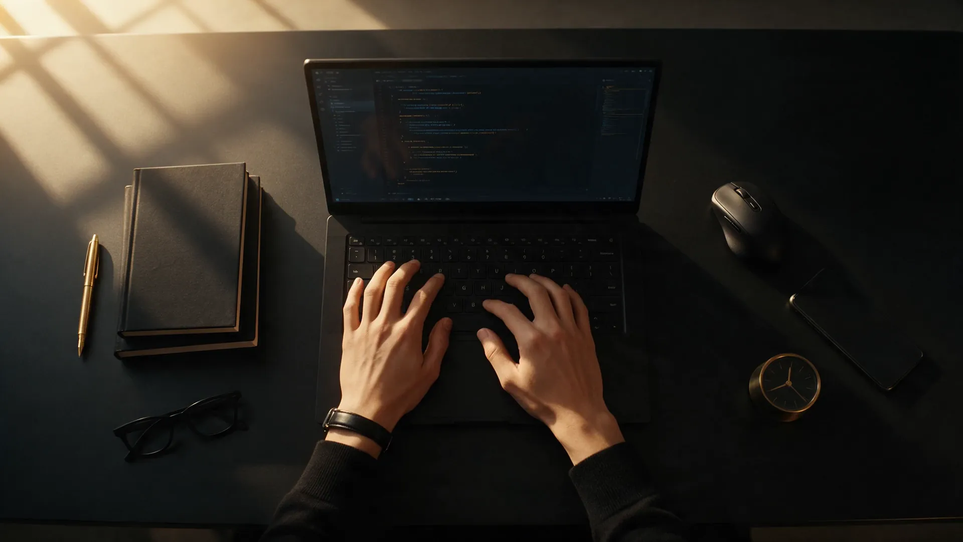 Hands typing code on a laptop at a dark desk in late afternoon light