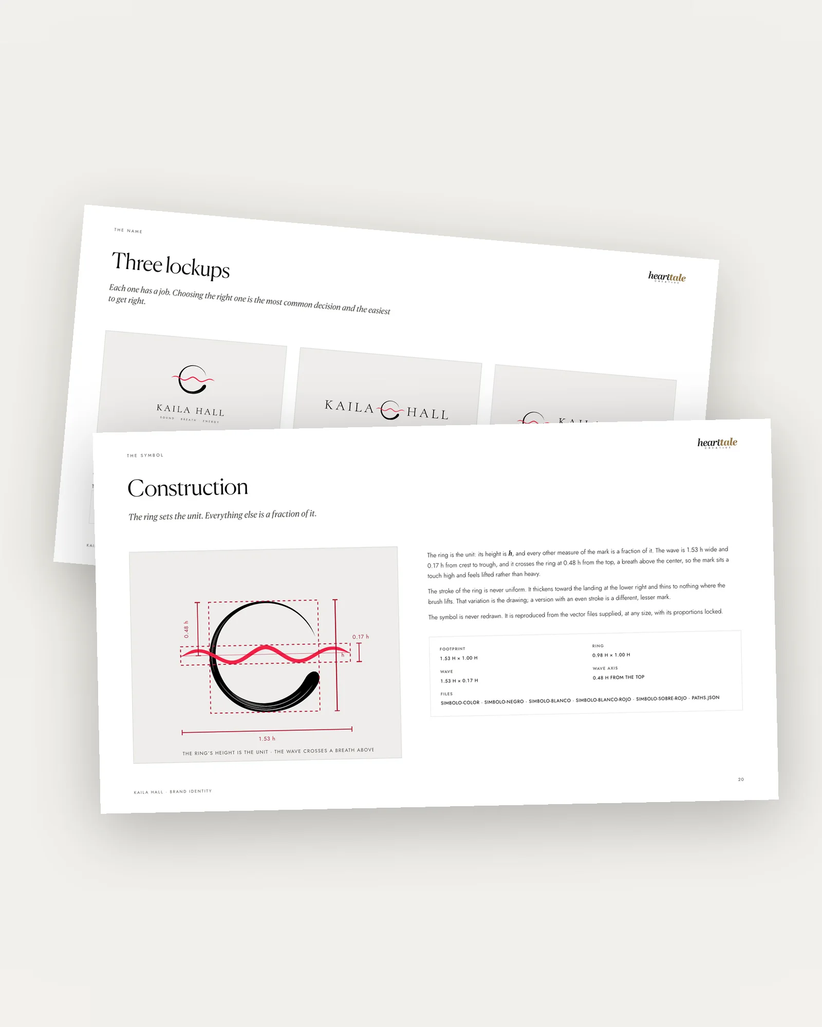 Pages from Kaila Hall’s brand manual: the mark in construction and its three lockups