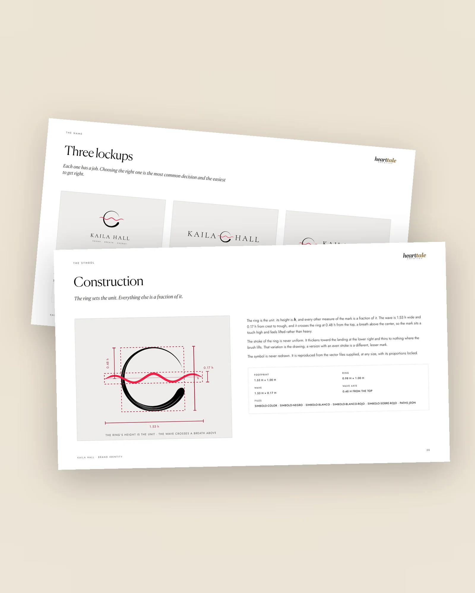 Pages from a brand manual we designed: the mark in construction and its three lockups