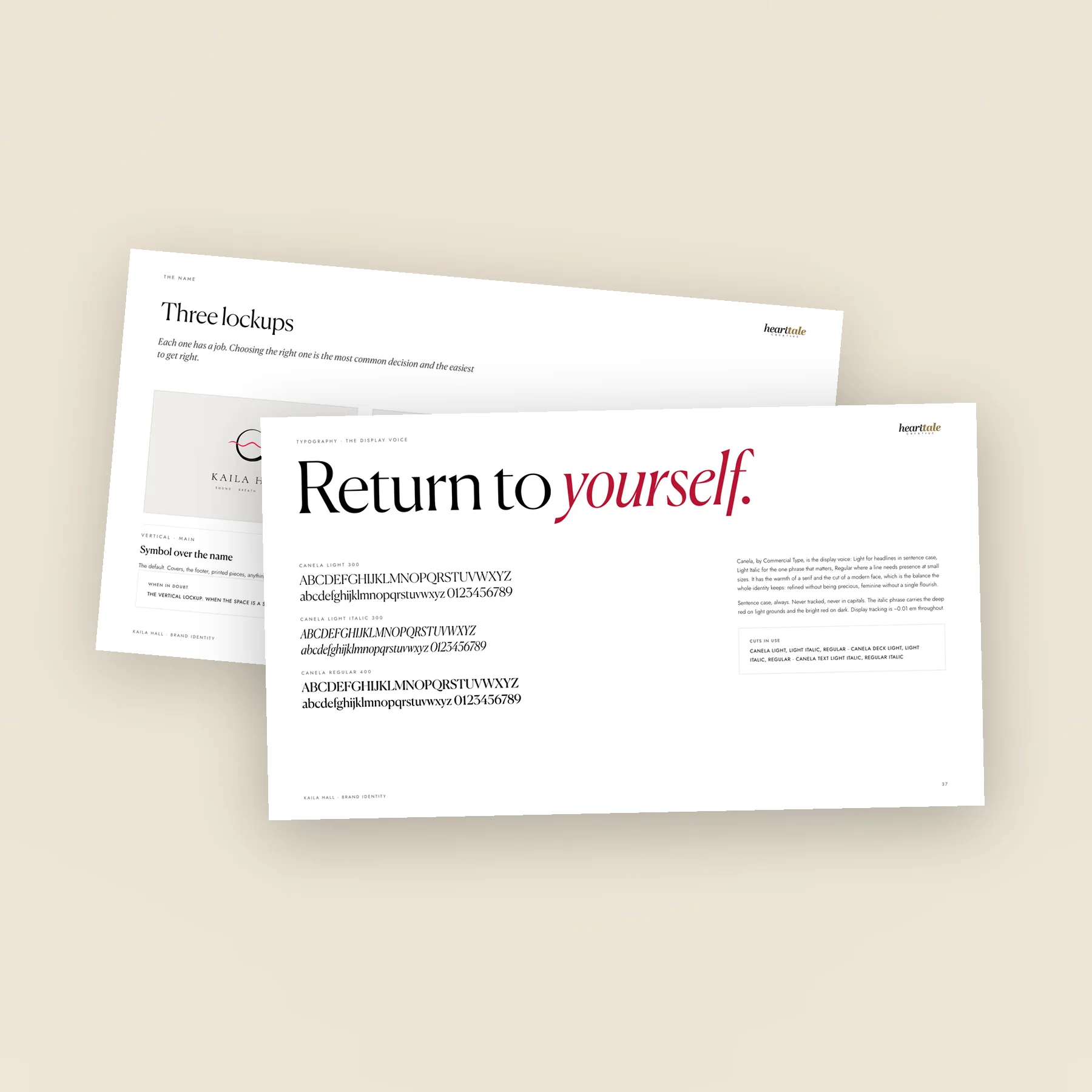 Pages from a brand manual we designed: three lockups and the type that carries them